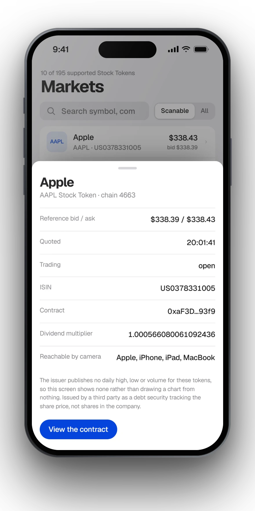 Seen showing the Apple market at its reference bid and ask, with its ISIN and verified contract.