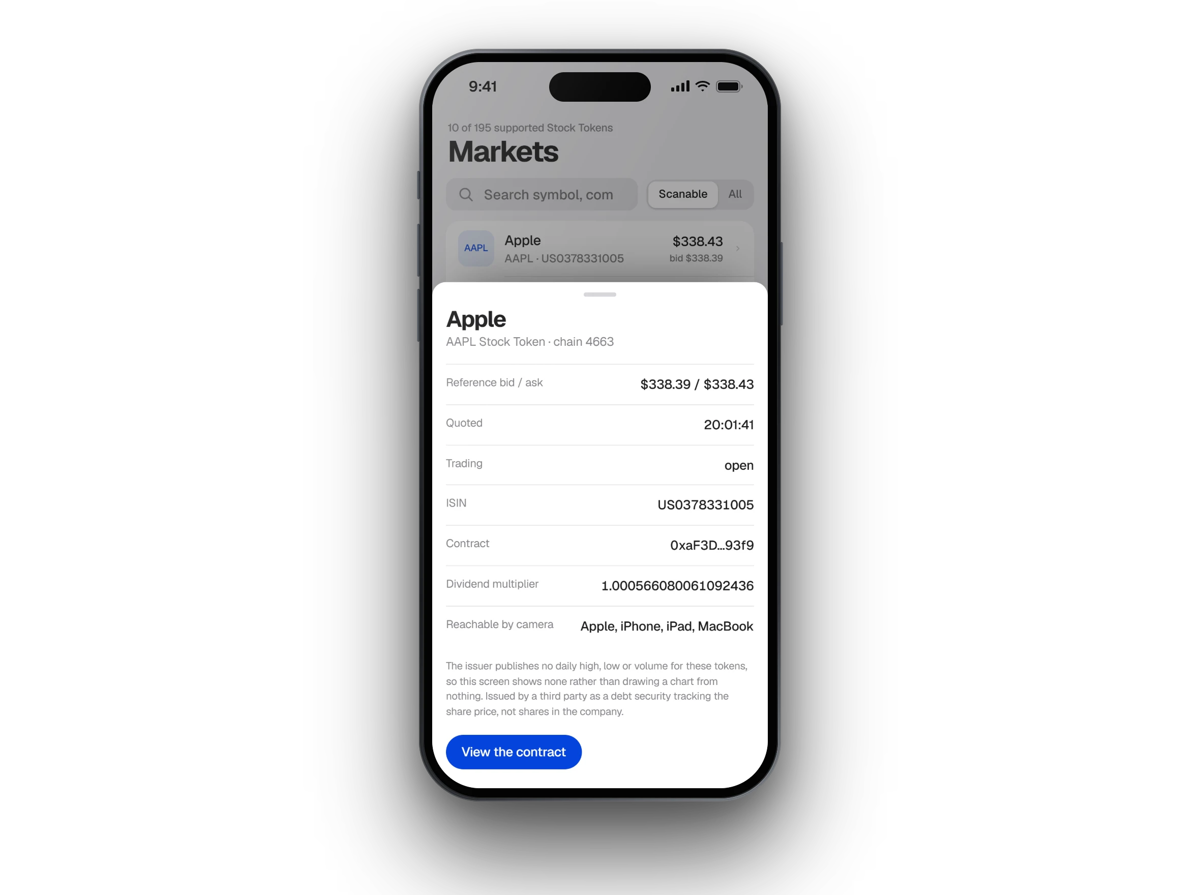Three phones running Seen: the markets list, the Apple market open at its reference bid and ask with its ISIN and verified contract, and the log with Apple and Tesla resolved to a market and Nike recorded with none.